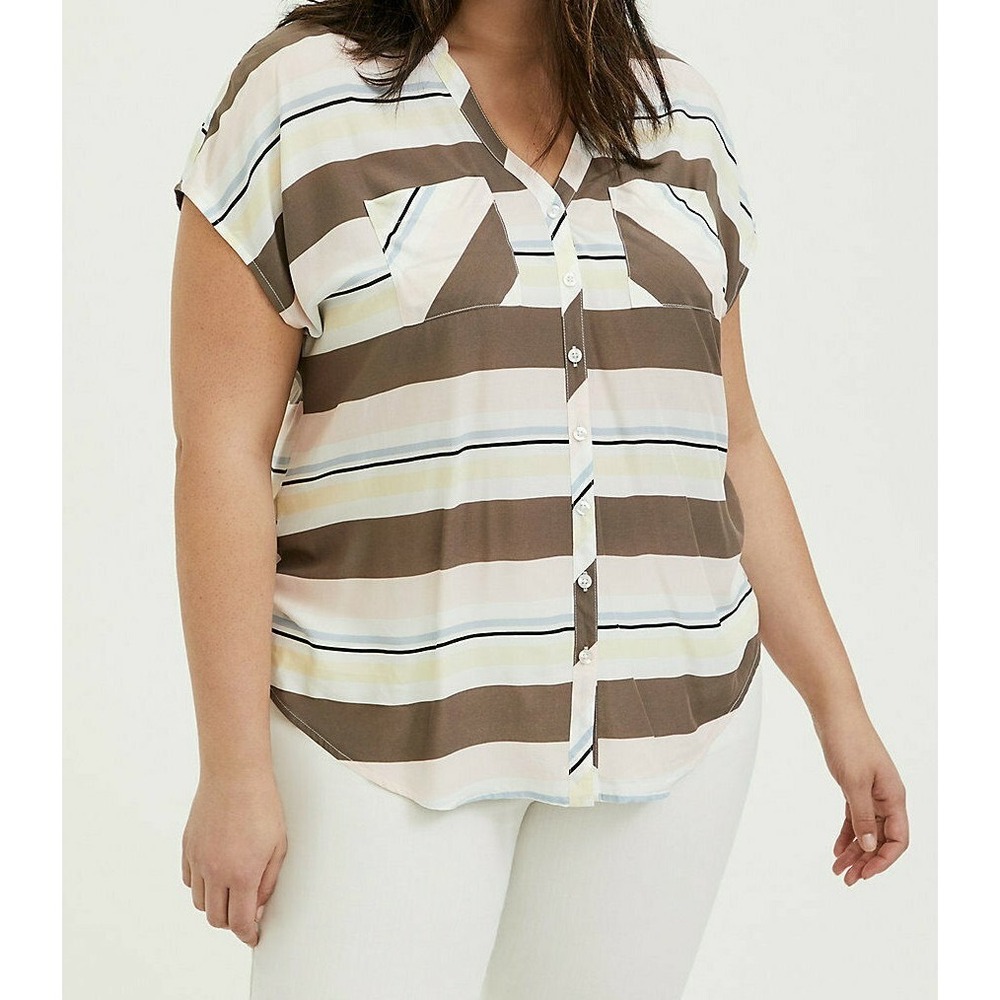 Torrid Women Brown Pink‎ Striped Button Down Blouse Short Sleeve V-Neck 1X Top